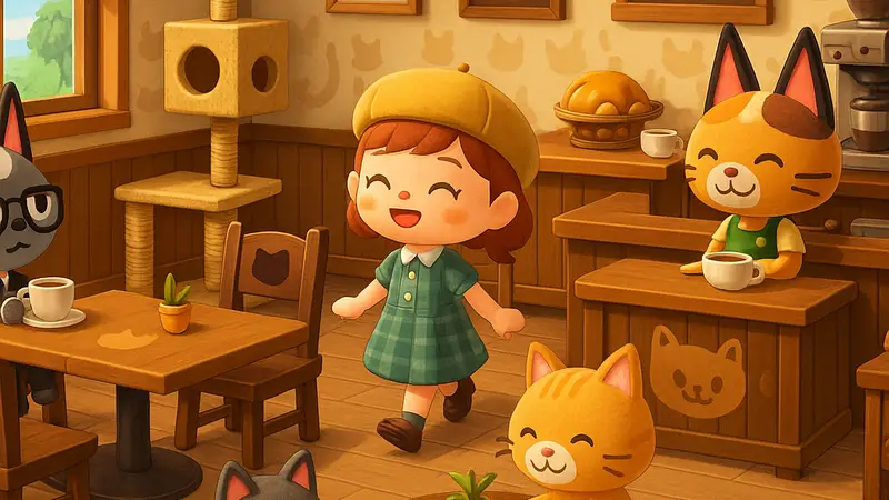 Скриншот или коллаж из Animal Crossing: New Horizons, демонстрирующий интерьеры кошачьих кафе, созданных игроками.