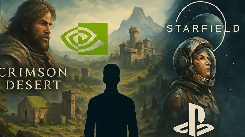 Коллаж из логотипов игр и компаний: Crimson Desert, Nvidia, TES6, Starfield, PlayStation