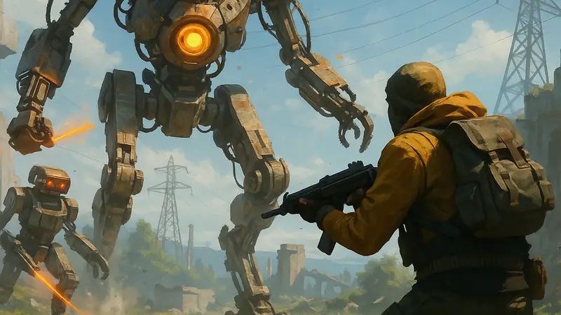 Скриншот из игры Arc Raiders, где персонаж сражается с роботами, демонстрируя предсказуемый геймплей.