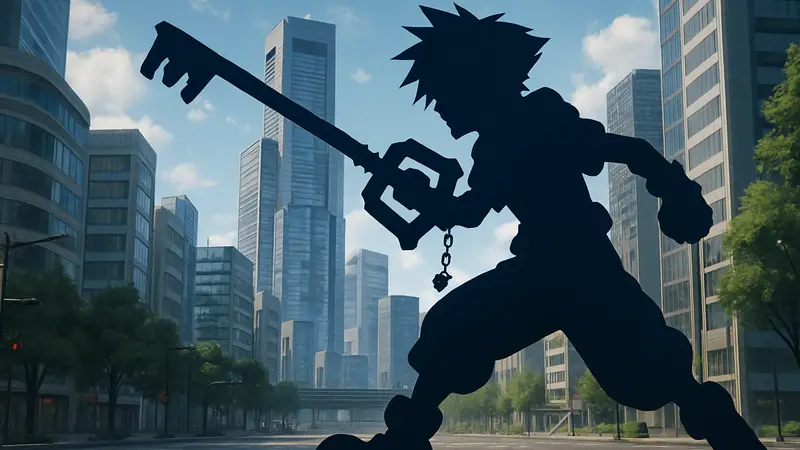 Герои Kingdom Hearts 4 в новом трейлере: Сора с Ключ-Клинком сражается на фоне современного города.