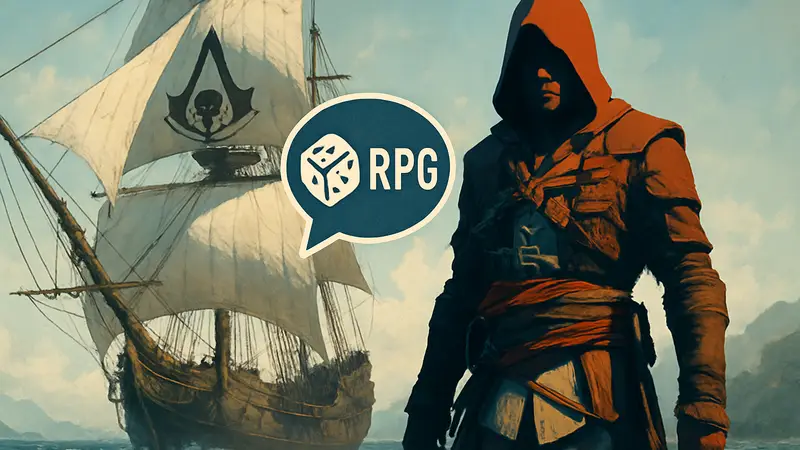 Арт Assassin’s Creed Black Flag, Эдвард Кенуэй на фоне парусника, обсуждаются RPG-элементы.