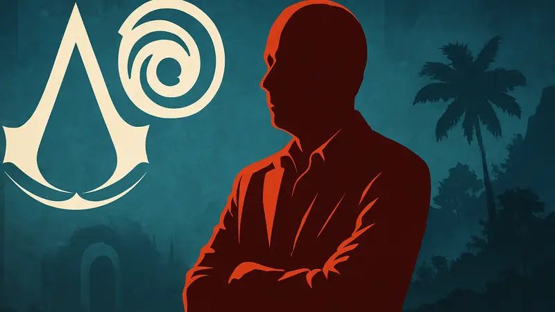 Ив Гиймо, гендиректор Ubisoft, на фоне логотипов Assassin's Creed и Far Cry