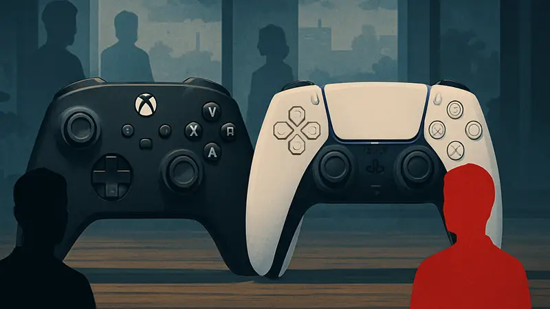 Контроллеры Xbox и PlayStation 5 рядом, символизирующие межплатформенное сотрудничество.