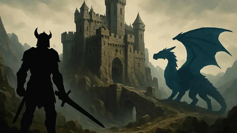 Арт-изображение крепости Dowdun Reach с Чёрным Рыцарем и Синим Драконом из RuneScape
