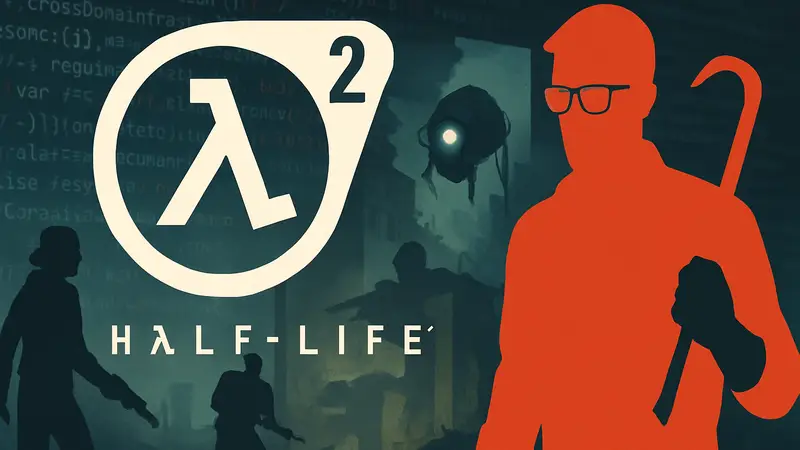 Логотип Half-Life 2 и иллюстрации к игре на фоне компьютерного кода