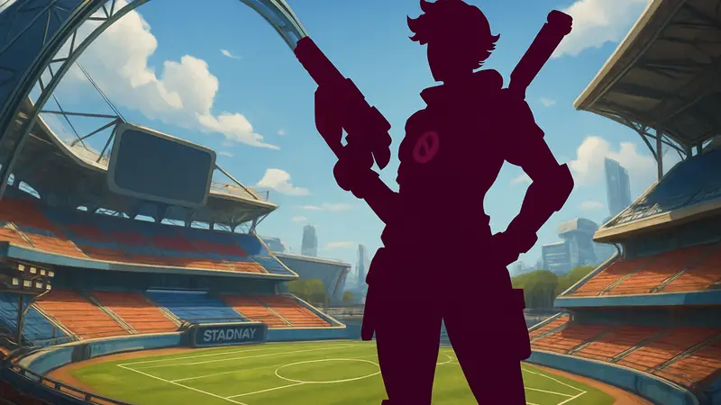 Новый герой Сьерра из Overwatch на фоне новой карты «Стадион».