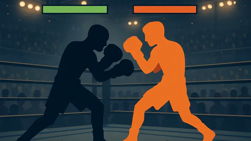 Боксёрский поединок из игры Untitled Boxing Game, на фоне ринга и зрителей, с индикаторами здоровья.