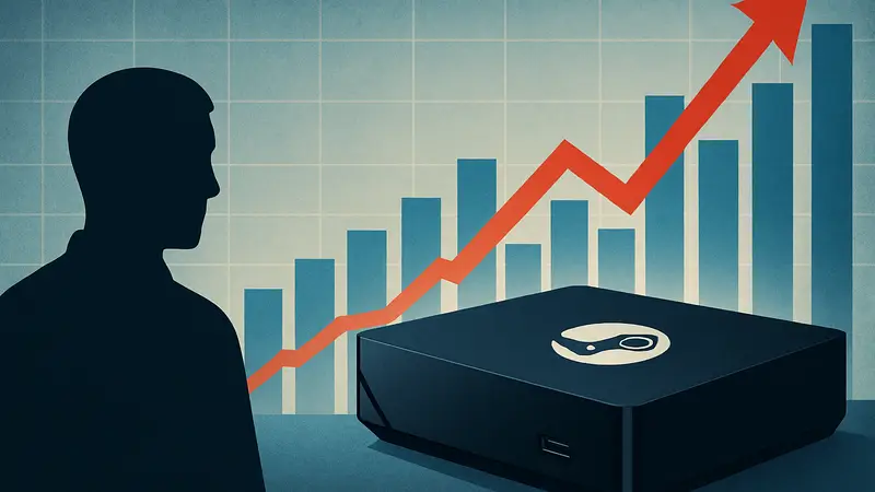 Консоль Steam Machine на фоне графиков роста цен на компьютерную память.