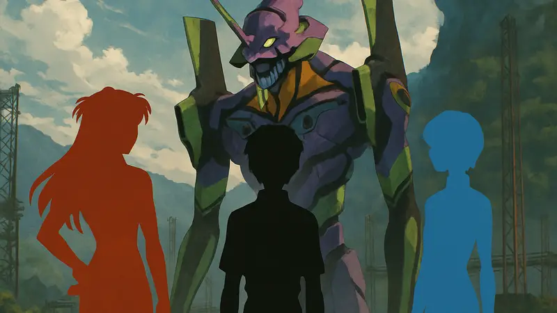 Аска, Синдзи и Рей из Neon Genesis Evangelion на фоне Евы-01, иллюстрация.