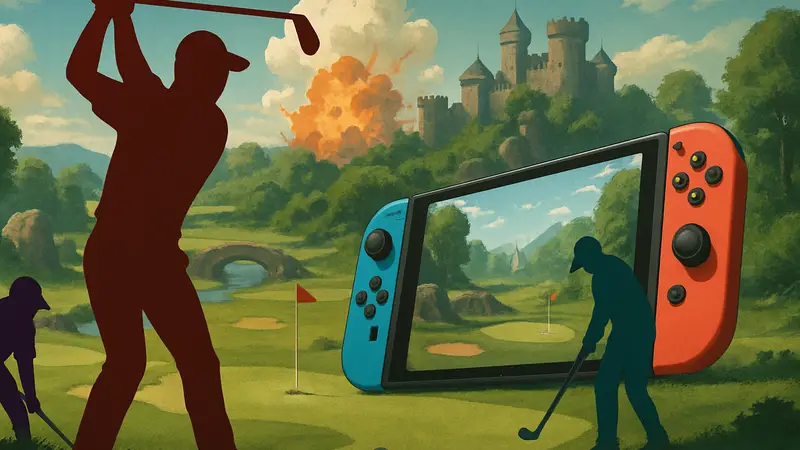 Персонажи из Super Battle Golf с клюшками для гольфа на поле, Switch 2
