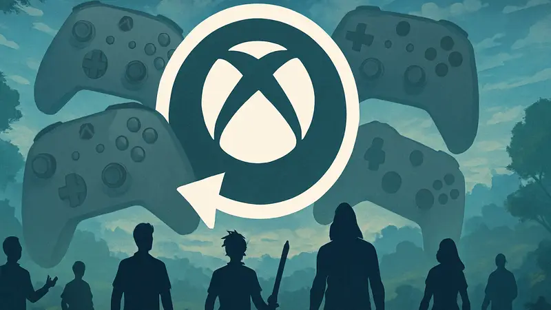 Логотип Xbox Game Pass с джойстиками на фоне, символизирующий разнообразие игр и подборок.