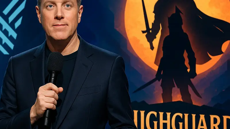 Джефф Кили на сцене The Game Awards, на фоне логотипа Highguard или игровой индустрии.