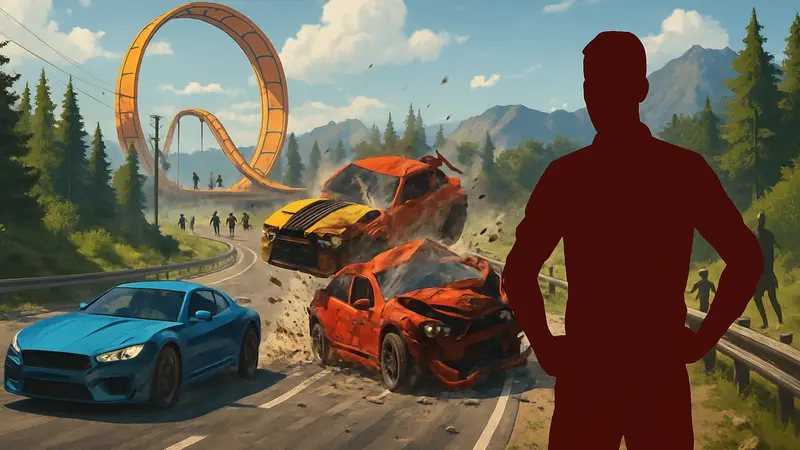 Игровой скриншот Wreckreation с машинами, участвующими в гонке и авариях в открытом мире.
