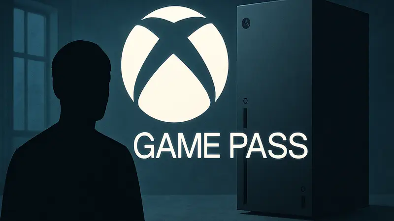 Логотип Xbox Game Pass на фоне консоли Xbox Series X, символизирующий ротацию игр в подписке.