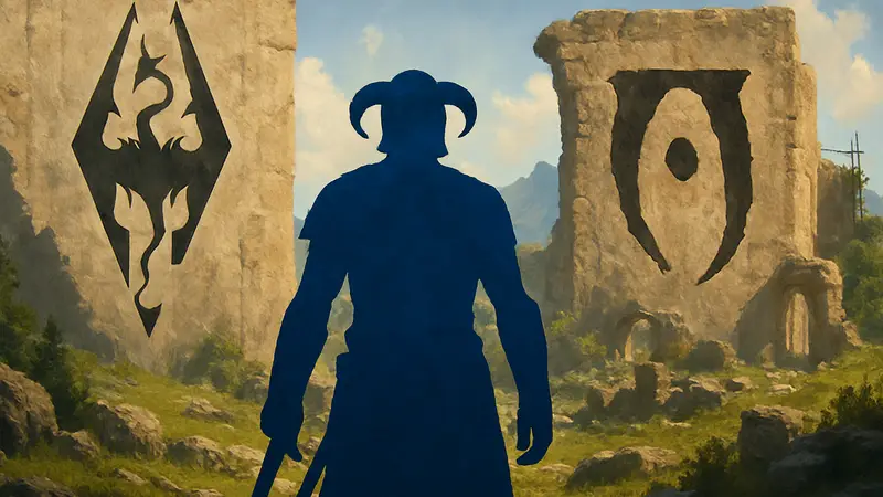 Герой The Elder Scrolls 6 на фоне логотипов Skyrim и Oblivion, символизирующий возвращение старых механик.