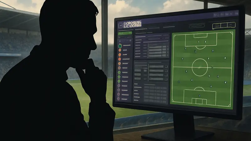 Футбольный тренер, смотрящий на экран с интерфейсом Football Manager, размышляя о различиях.