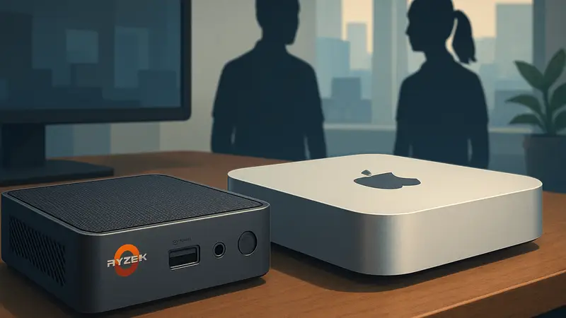 Компактный мини-ПК на базе Ryzen 7 с 24 ГБ ОЗУ, лежащий рядом с Mac Mini, подчеркивая его размер и производительность.