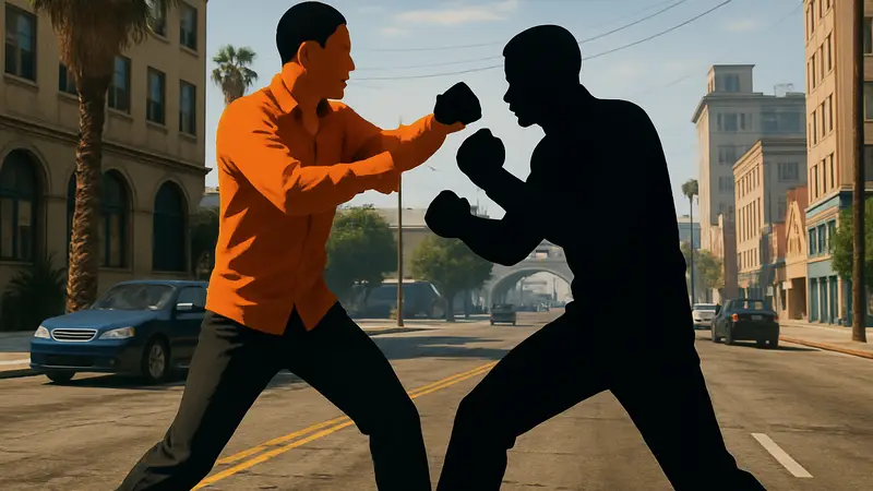 Скриншот из Grand Theft Auto V, где персонаж использует приёмы ближнего боя против противника в городе.