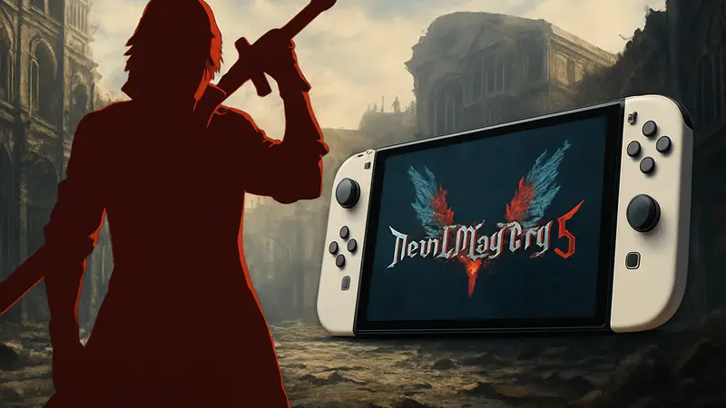 Данте из Devil May Cry 5 на фоне консоли Nintendo Switch 2, символизирующий высокую производительность.