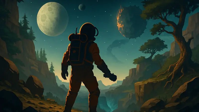 Космонавт из Outer Wilds исследует инопланетный пейзаж без видимых маркеров на карте, символизируя исследование и открытия.