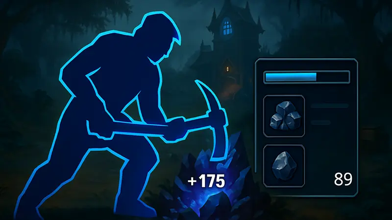 Изображение персонажа World of Warcraft: Midnight, занятого гриндом, с элементами интерфейса