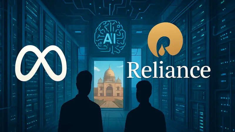 Логотипы Meta и Reliance на фоне футуристического дата-центра с элементами искусственного интеллекта в Индии.