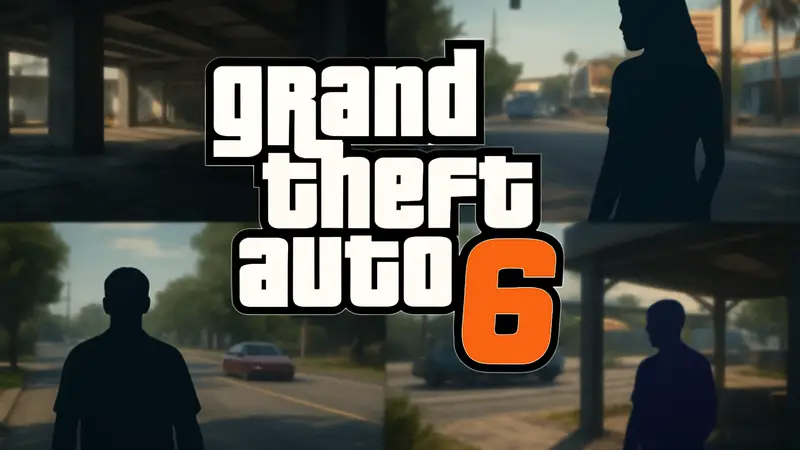 Логотип GTA 6 на фоне размытых скриншотов из ранней версии игры или предполагаемого слива.