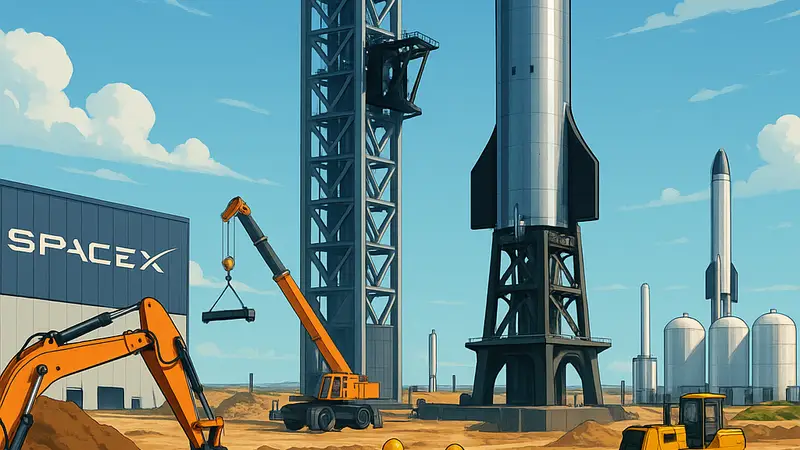 Строительная площадка SpaceX с видом на будущий старт Starship, работы по модернизации.