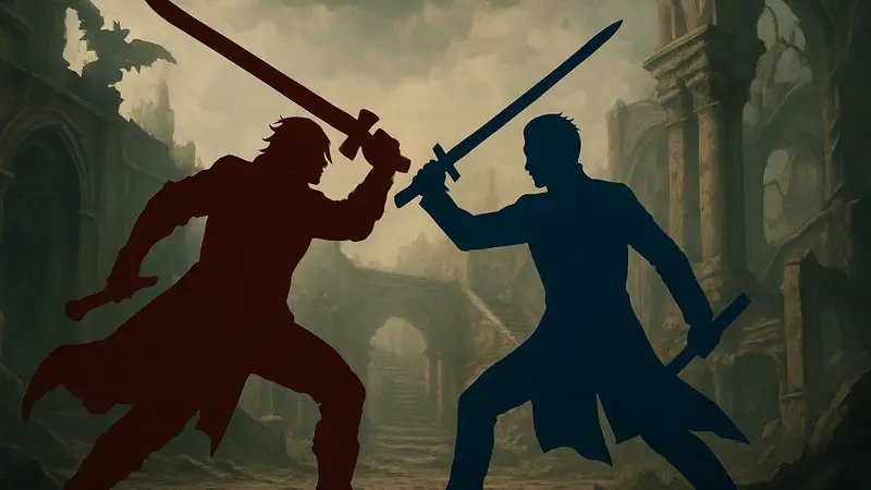 Данте и Вергилий из серии игр Devil May Cry, сражающиеся друг с другом, символизируя их извечное противостояние.