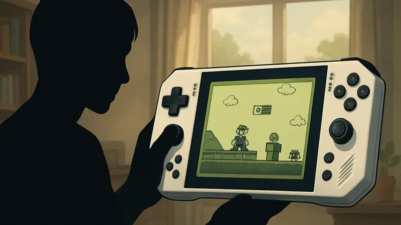 ROG Xbox Ally, стилизованный под Game Boy, с запущенной ретро-игрой на экране.