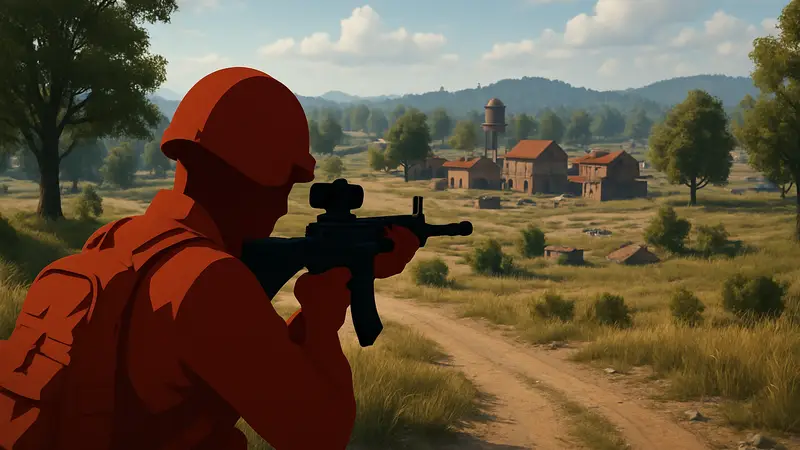 Скриншот из игры PUBG, где игрок целится из оружия на фоне открытого мира, демонстрируя игровой процесс.