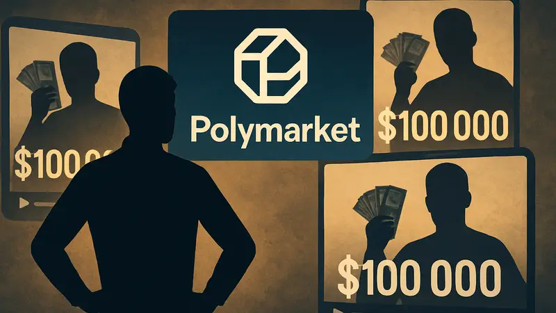 Логотип Polymarket на фоне фейковых видео с выигрышами, символизирующих обвинения в мошенничестве.