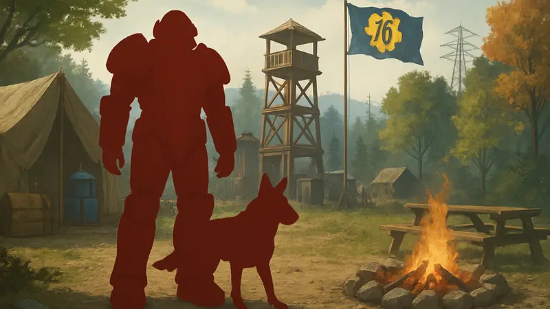 Fallout 76: персонаж игрока с компаньоном-питомцем в лагере