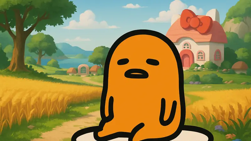 Персонаж Гудетама из Hello Kitty Island Adventure, показывающий его безразличное выражение на фоне игрового мира.