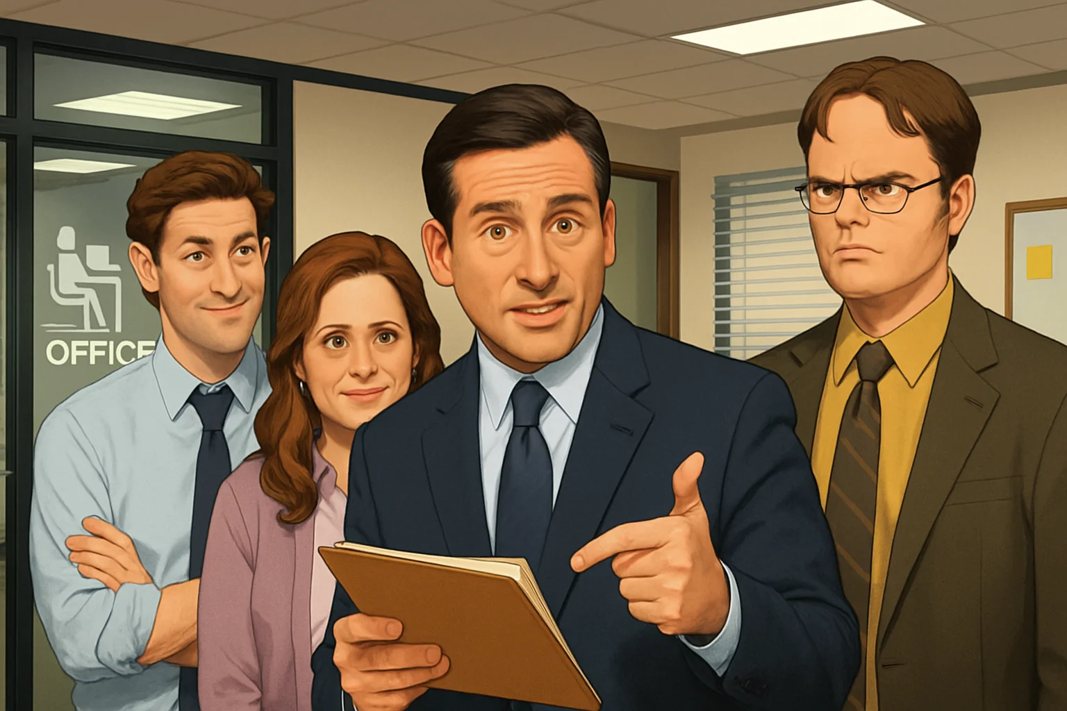 На изображении главные персонажи сериала "Офис" из 9 сезона, намекающие на новые сцены.