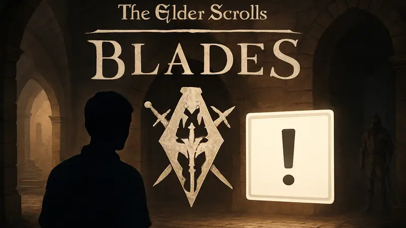Логотип игры Elder Scrolls: Blades на фоне уведомления о закрытии.