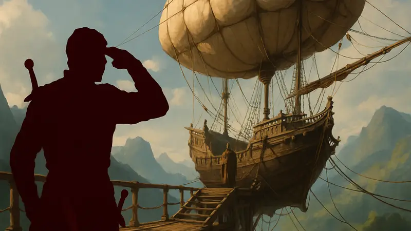 Игрок в Crimson Desert на дирижабле, ищущий торговца Варгона.