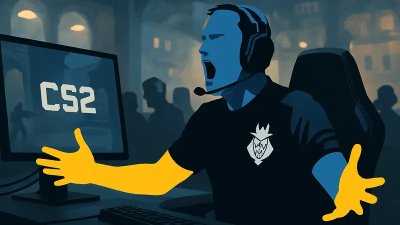 Капитан G2 Esports apEX во время киберспортивного матча по CS2, эмоционально жестикулирующий.