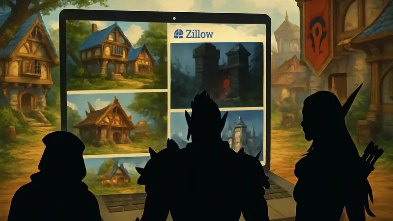 Страница Zillow с домами в Азероте из World of Warcraft и игровыми персонажами