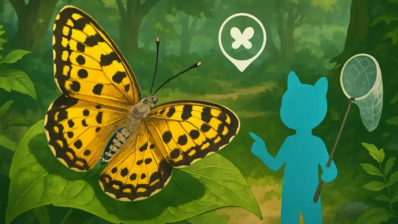 Изображение Красивого Леопарда из игры Heartopia, сидящего на листе растения, с подсказками по его поимке.