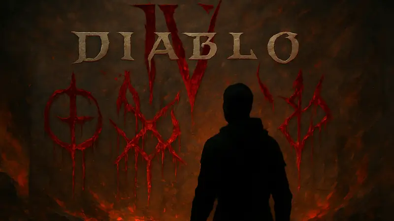 Логотип Diablo 4 на фоне кровавых символов Bloodsoaked Sigils
