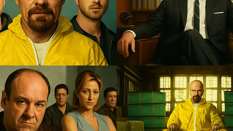 Коллаж из кадров или постеров известных драматических сериалов, таких как Breaking Bad, Mad Men и The Sopranos.