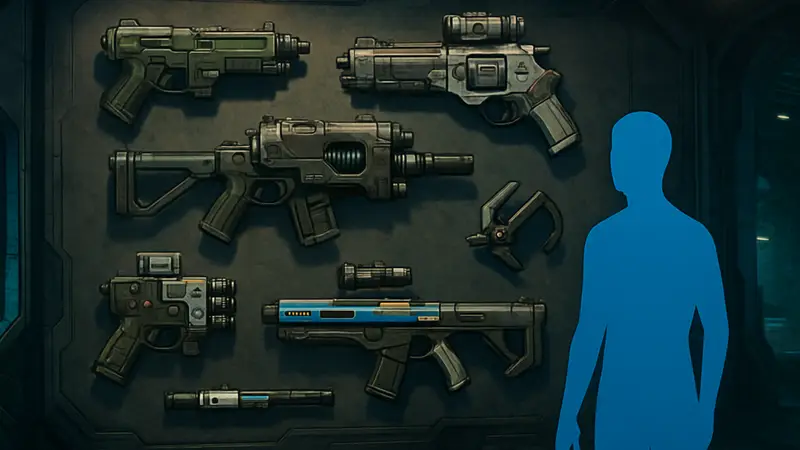 Изображение оружия из игры Marathon, демонстрирующее различные типы и их характеристики для гайда.