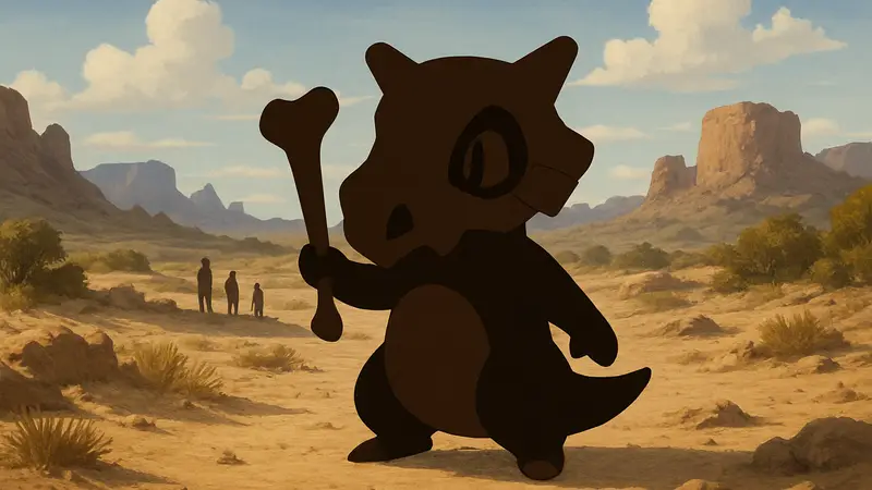 Покемон Cubone с костью на голове, стоящий в пустынном ландшафте. Гайд Pokémon.
