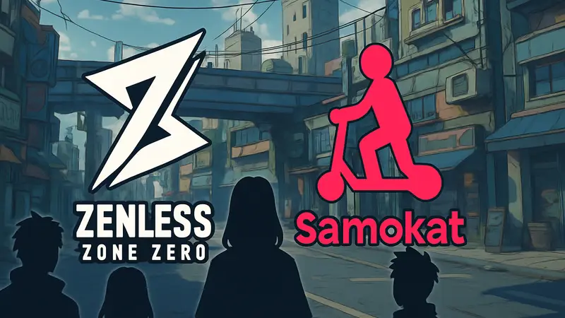 Логотипы Zenless Zone Zero и «Самокат» на фоне стилистики игры, символизирующие их сотрудничество.