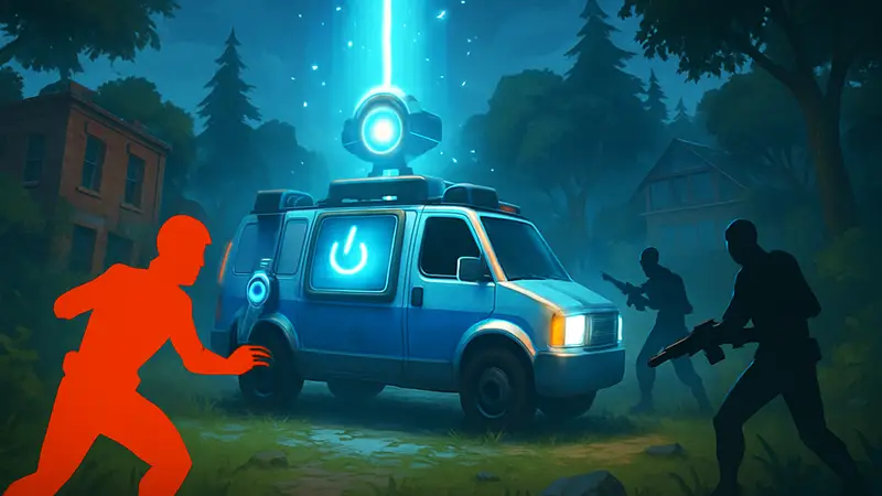 Бустер точки эвакуации в Fortnite: устройство светится, окружено игроком и противниками