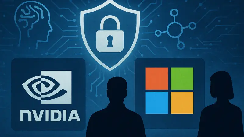 Логотипы Nvidia и Microsoft на фоне символики безопасности ИИ