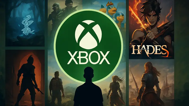 Логотип Xbox Game Pass с обложками новых игр, включая Hades 2