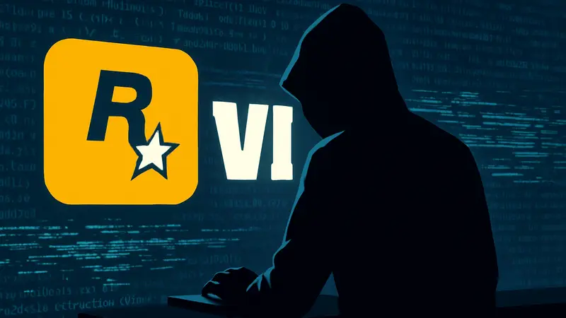 Логотип Rockstar Games и силуэт хакера на фоне кода, взлом данных GTA 6