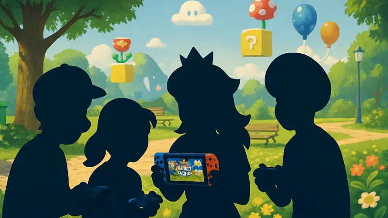 Марио и его друзья играют в мультиплеер Super Mario Bros. Wonder Switch 2 Edition на фоне парка.